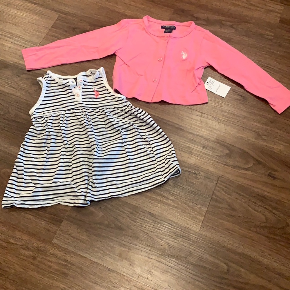 U.S. Polo Assn.- 2pcs Girls Dress and Pink Cardigan- 2T